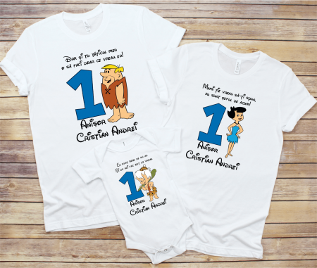 Seturi personalizate băieți - Tricouri personalizate aniversare 1 an - Familia Flintstone(model băiețel)