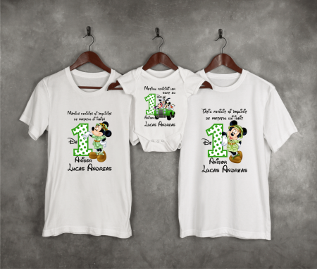 Seturi personalizate băieți - Tricouri personalizate Aniversare 1 an - Minnie și Mickey - Safari