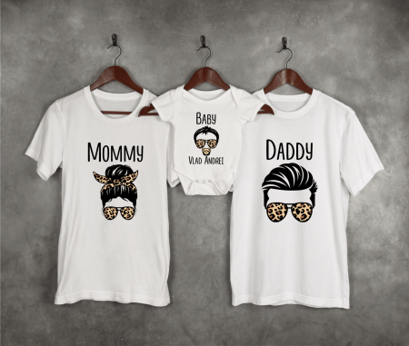 Seturi personalizate băieți - Tricouri personalizate Aniversare 1 an - Mommy - Daddy - Baby - Leopard - Model băiețel