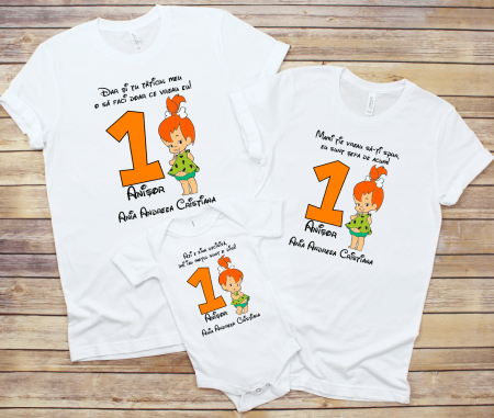 Tricouri personalizate Aniversare - Tricouri personalizate aniversare 1 an - Pebbles - Familia Flintstone