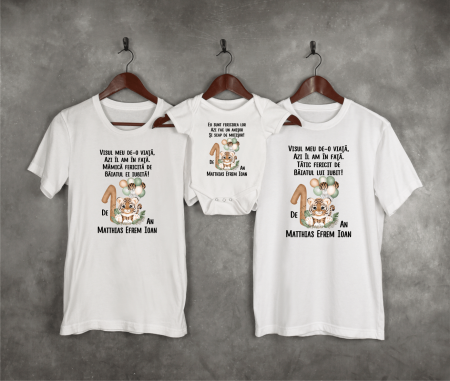 Seturi personalizate fetițe - Tricouri personalizate aniversare 1 an - Safari - Tigru - Nume