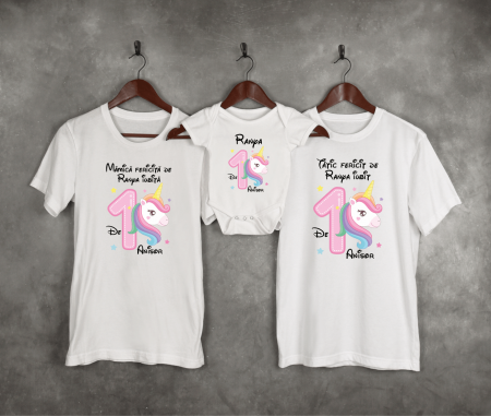 Seturi personalizate fetițe - Tricouri personalizate aniversare 1 an - Unicorn