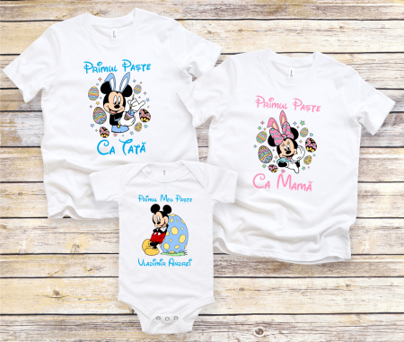 Set tricouri și body familie Paște - Tricouri personalizate familie - Primul Paște ca mamă - ca tată - Minnie & Mickey - Model 3