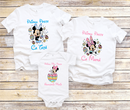 Set tricouri și body familie Paște - Tricouri personalizate familie - Primul Paște ca mamă - ca tată - Minnie & Mickey - Model 4