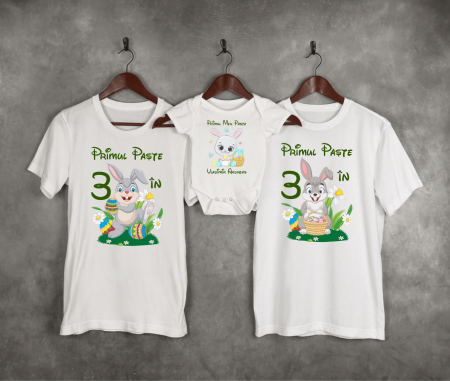 Set tricouri și body familie Paște - Tricouri personalizate familie - Primul Paște în 3 - Iepuraș - Model Băiat