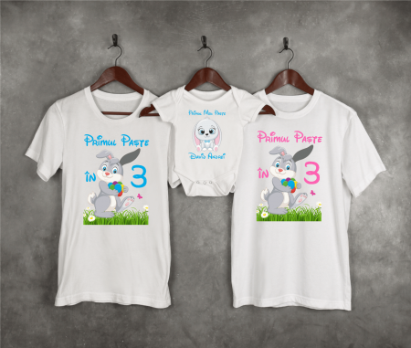 Set tricouri și body familie Paște - Tricouri personalizate familie - Primul Paște în 3 - Iepuraș - Model băiețel