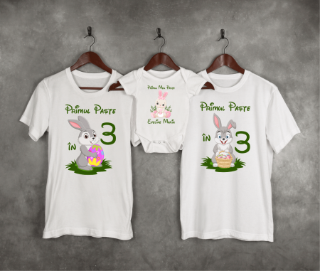 Set tricouri și body familie Paște - Tricouri personalizate familie - Primul Paște în 3 - Iepuraș - Model Fetiță