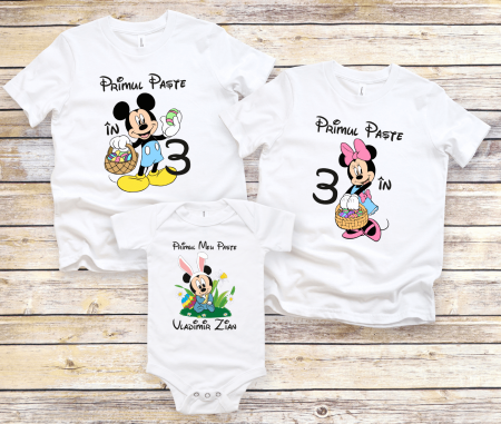 Set tricouri și body familie Paște - Tricouri personalizate familie - Primul Paște în 3 - Mickey - Minnie - Baby Mickey