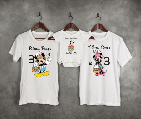 Set tricouri și body familie Paște - Tricouri personalizate familie - Primul Paște în 3 - Mickey & Minnie - Model 1