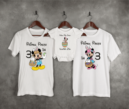 Set tricouri și body familie Paște - Tricouri personalizate familie - Primul Paște în 3 - Mickey & Minnie - Model 2