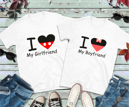 Tricouri - Set tricouri personalizate pentru cuplu - I love my girlfriend - boyfriend - Minnie - Mickey