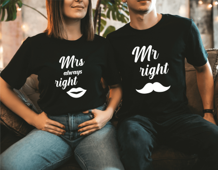Tricouri personalizate - Set tricouri personalizate pentru cuplu - Mr. Right și Mrs. Always Right