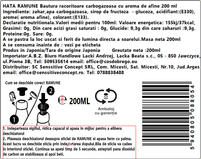 Băutură Răcoritoare Japoneză Hata Ramune, Aromă de Afine (Blueberry), 200ml, Sticlă Iconic Codd-Neck cu Bilă de Sticlă, Experiență Autentică Japonia [2]