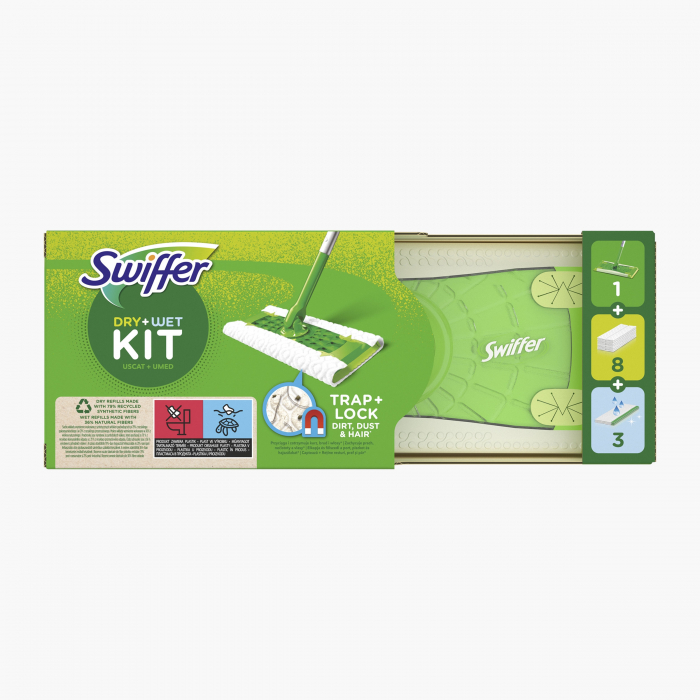Trusa de baza cu Mop Uscat/Umed Swiffer Trap & Lock 1 Mop, 8 Rezerve lavete uscate + 3 Rezerve lavete umede [1]