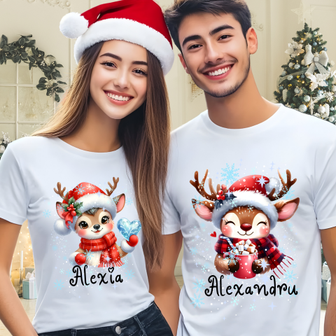 TRICOURI CUPLU CRACIUN - TRICOURI CUPLU CRACIUN, TRICOURI CRACIUN CU RENI, TRICOURI PERSONALIZATE CRACIUN