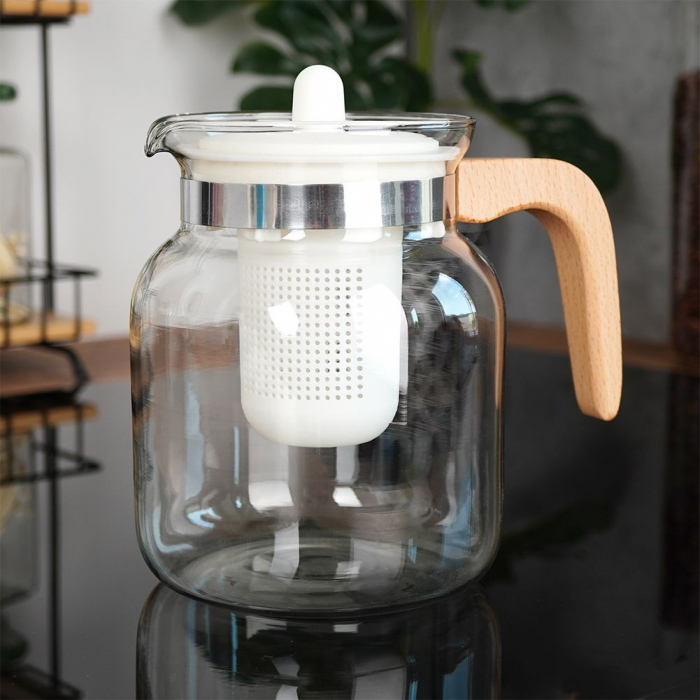 Ceainic cu infusor Koopman, sticla/lemn, 12x16 cm, 1.5 l, transparent/maro [4]
