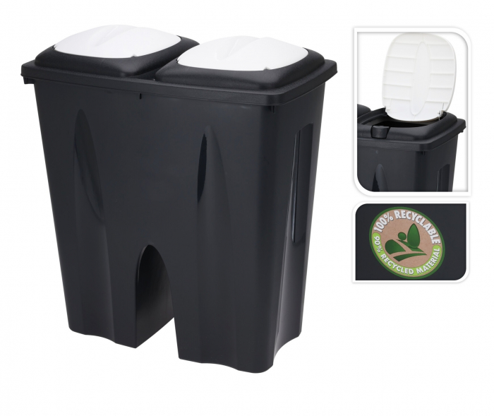 Cos de gunoi cu 2 compartimente Excellent Houseware, plastic, 50x30x55 cm, 2x25 l, negru/alb [2]