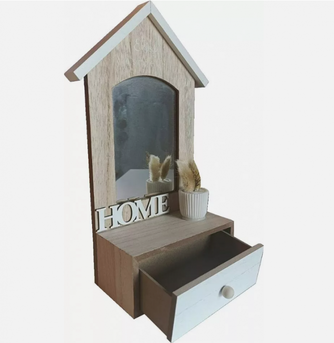 Decoratiune perete cu oglinda si sertar Excellent Houseware, lemn, 17.5x9x30 cm, maro/alb [2]