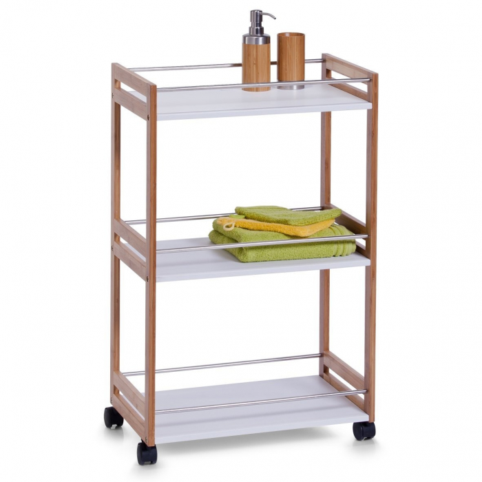 Etajera mobila baie Zeller, MDF/bambus/metal, 51x30x81 cm, alb/maro [2]