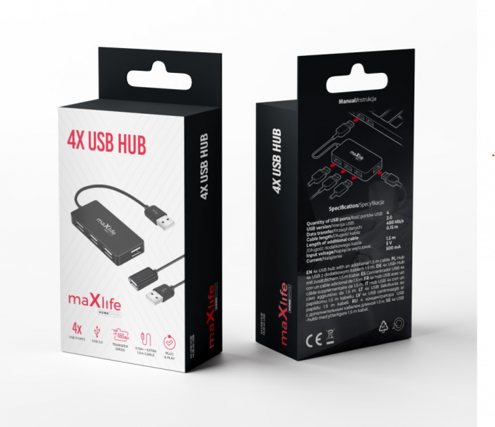 Hub Maxlife Home Office USB 2.0, 4xUSB 2.0 cu prelungire cablu USB 1.5m, 40Mb/s, negru [5]