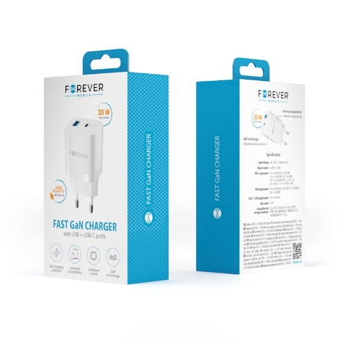 Forever TC-05 GaN PD QC mains charger, fast charger, USB-C and USB, 33 W, white [6]