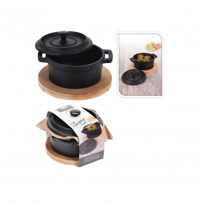 Oala servire tapas Excellent Houseware, fonta/bambus, 10x7.5 cm, 270 ml, negru/maro [2]
