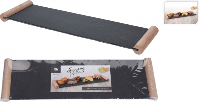 Platou servire Excellent Houseware, ardezie/bambus, 50x15 cm, negru/maro [2]