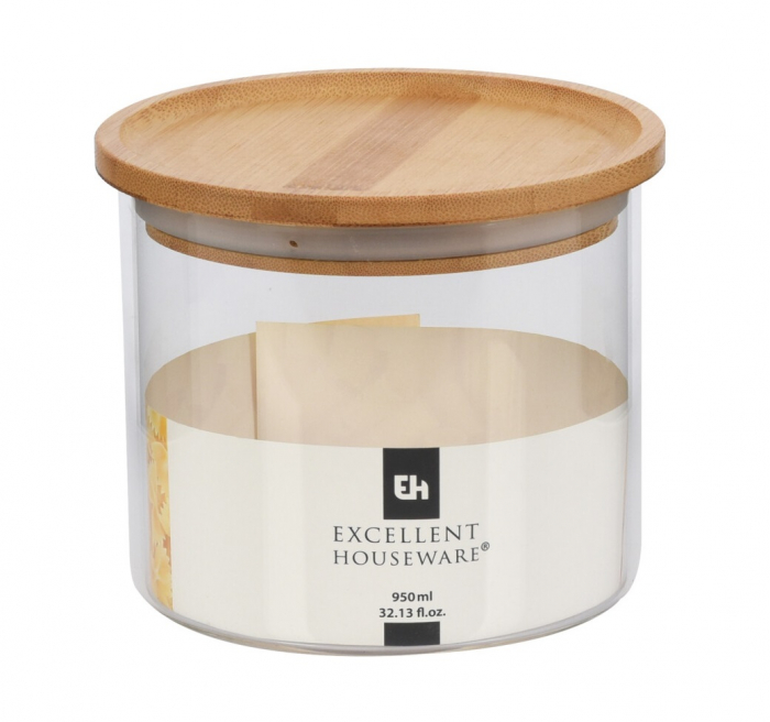 Recipient depozitare alimente Excellent Houseware, sticla/bambus, 12.5x11 cm, transparent/maro [2]