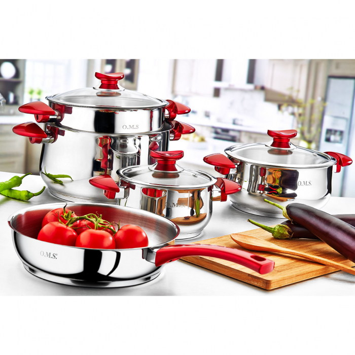Set oale cu capac 9 piese OMS, inox 18/10, argintiu/rosu [2]