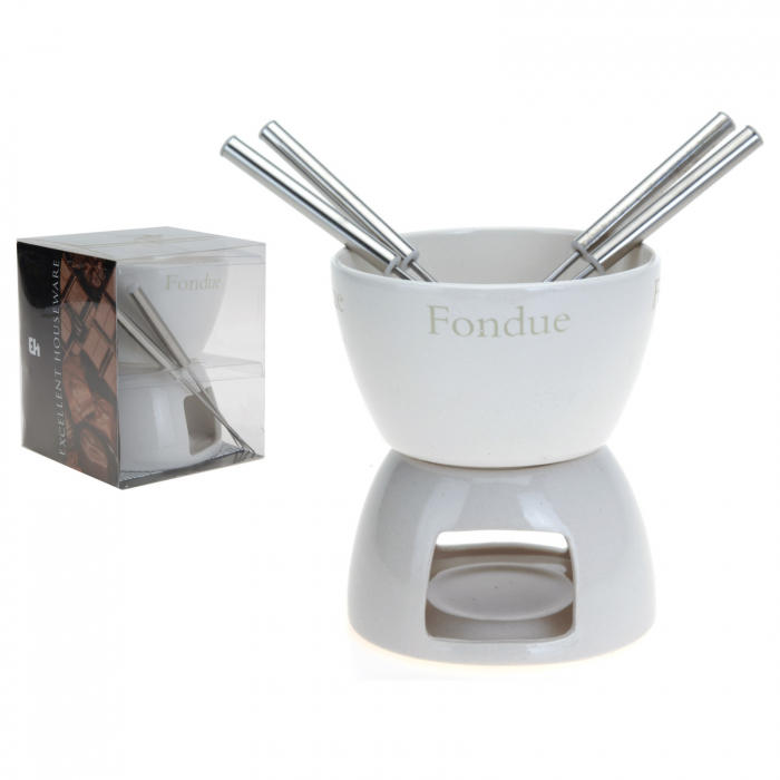 Set fondue pentru ciocolata Excellent Houseware, ceramica/otel inoxidabil, 11x14 cm, alb/argintiu [2]