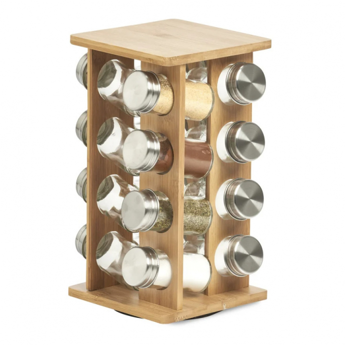 Set 16 recipiente depozitare condimente Zeller, sticla/metal/bambus, 18x18x30 cm, maro/argintiu [3]