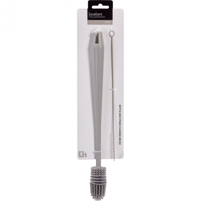 Set 2 perii pentru sticle si paie Excellent Houseware, plastic/otel inoxidabil, 34/26 cm, gri [1]