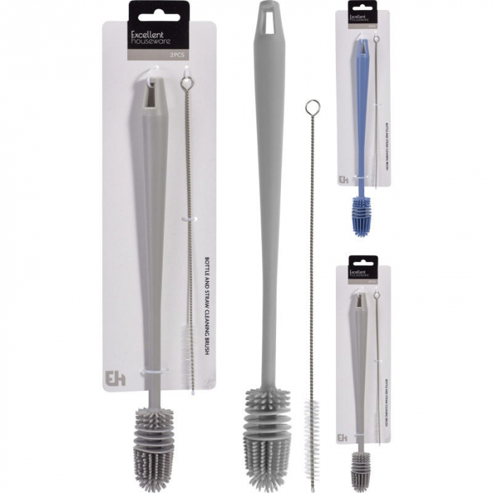 Set 2 perii pentru sticle si paie Excellent Houseware, plastic/otel inoxidabil, 34/26 cm, gri [4]