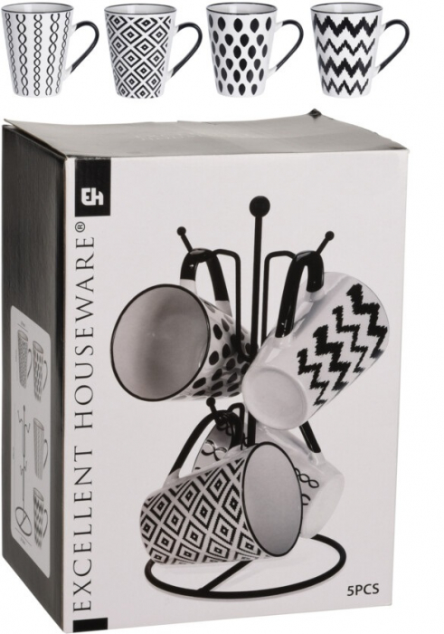 Set of 4 Excellent Houseware mugs with stand, porcelain/metal, 8.5x11.5x10.5 cm, white/black [3]