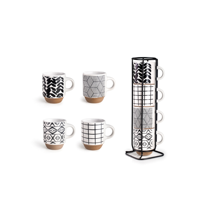 Set 4 cani cu suport Ibili, ceramica, 6x7.5 cm, 130 ml, alb/negru [6]