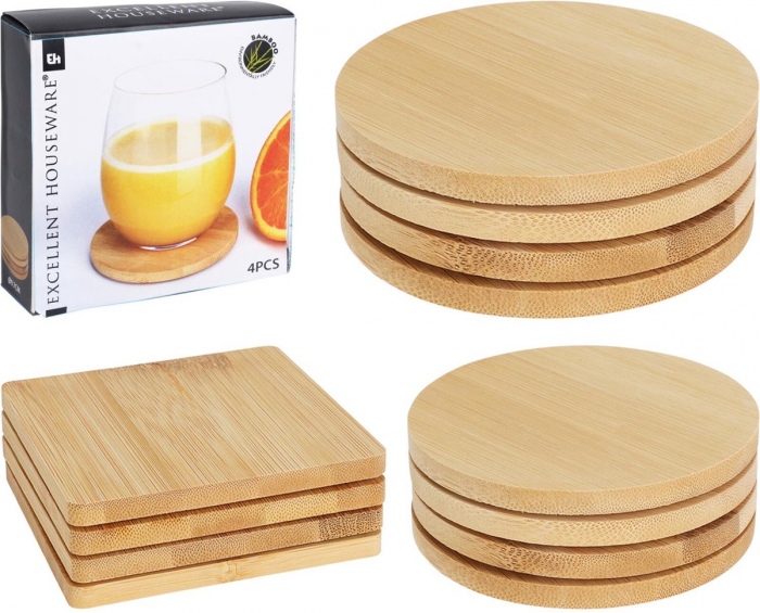 Set 4 suporturi pahare Excellent Houseware, bambus, 10x10 cm, maro, patrat [3]
