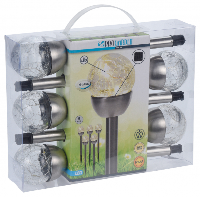 Set 5 lampi iluminat solar ProGarden, otel inoxidabil/sticla, 36x6 cm, argintiu/negru [4]