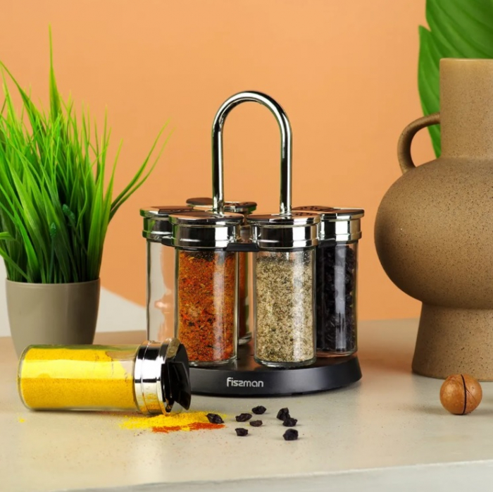 Set 6 recipiente depozitare condimente Fissman, sticla/otel inoxidabil, 5x10 cm, transparent [2]