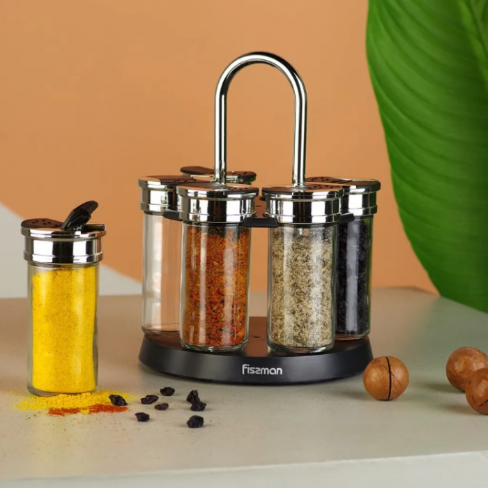 Set 6 recipiente depozitare condimente Fissman, sticla/otel inoxidabil, 5x10 cm, transparent [4]