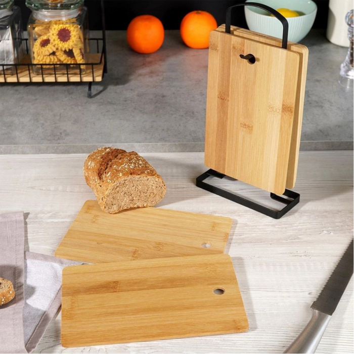 Set of 6 chopping boards with stand Excellent Houseware, bamboo/metal, 22x14x4 cm, brown/black [7]