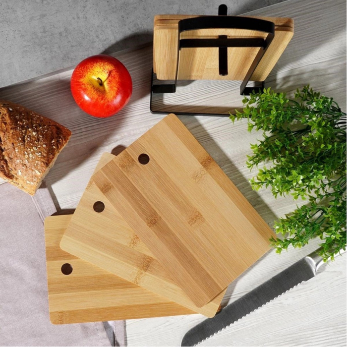 Set of 6 chopping boards with stand Excellent Houseware, bamboo/metal, 22x14x4 cm, brown/black [8]