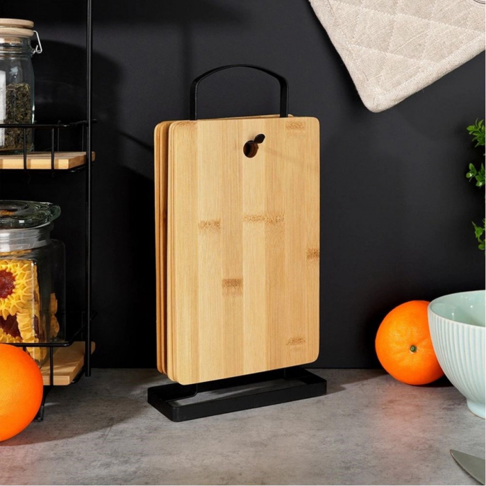 Set of 6 chopping boards with stand Excellent Houseware, bamboo/metal, 22x14x4 cm, brown/black [11]