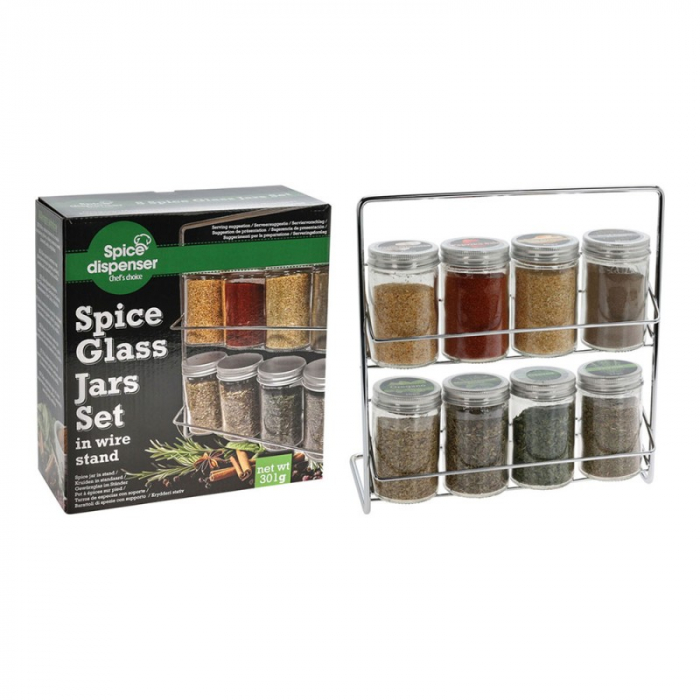 Set 8 recipiente depozitare condimente cu suport  Excellent Houseware, sticla/metal, 23x24 cm, transparent/argintiu [4]
