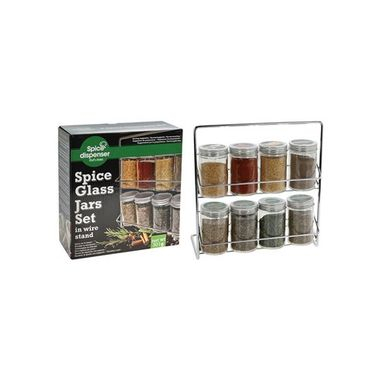 Set 8 recipiente depozitare condimente cu suport  Excellent Houseware, sticla/metal, 23x24 cm, transparent/argintiu [3]