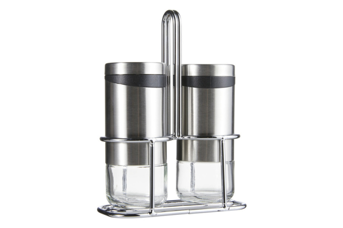Set doua recipiente sare si piper cu suport Zeller, sticla/otel inoxidabil, 5x11 cm, 220 ml, argintiu [2]