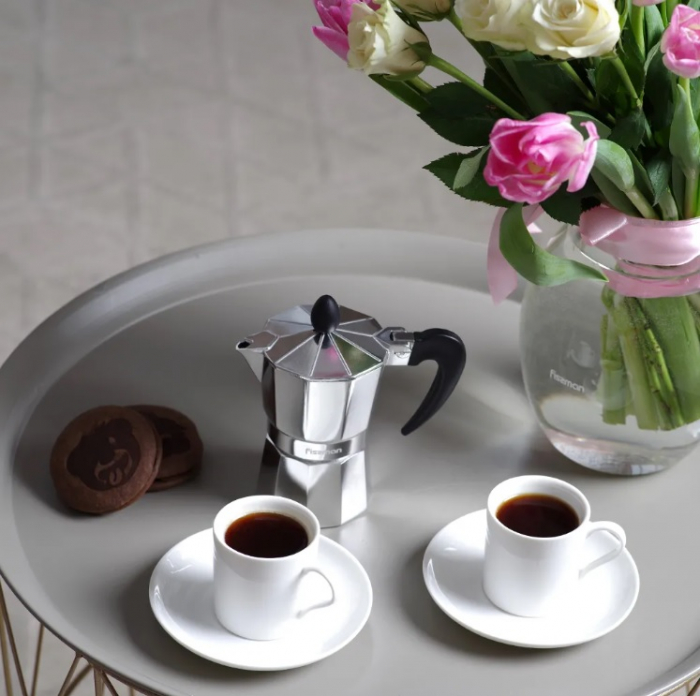 Set espressor si doua cesti servire Fissman, aluminiu/portelan, argintiu/alb [5]