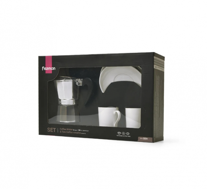 Set espressor si doua cesti servire Fissman, aluminiu/portelan, argintiu/alb [3]