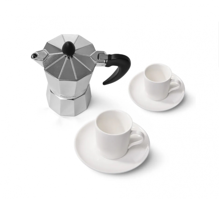 Set espressor si doua cesti servire Fissman, aluminiu/portelan, argintiu/alb [2]