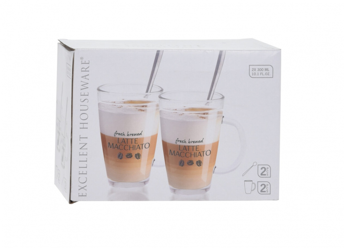 Excellent Houseware Latte Machiatto Set, heat-resistant glass/stainless steel, 7.8x12 cm, 300 ml, transparent/silver [2]