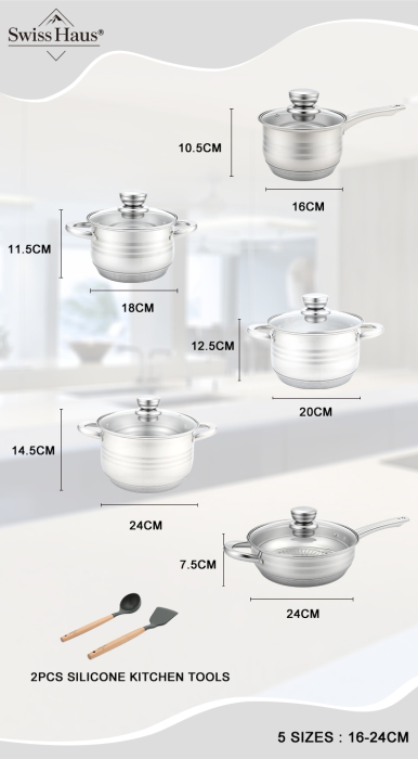 Set oale 12 piese Swiss Haus-Montreaux, otel inoxidabil, 16/18/20/24 cm, argintiu [17]